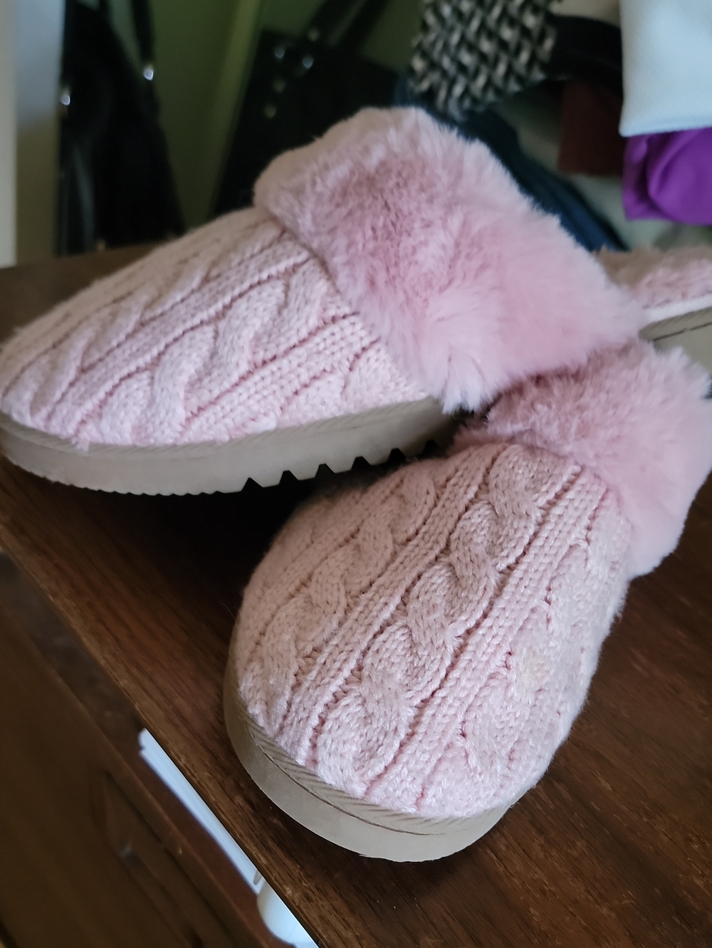 J Crew Cozy Knit Faux-Fur Lined Slip-On Slippers - Pink
